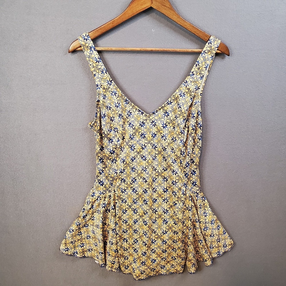 Vintage Coral Key One Piece Swimsuit Tan & Blue Geometric With Skirt - Size 18